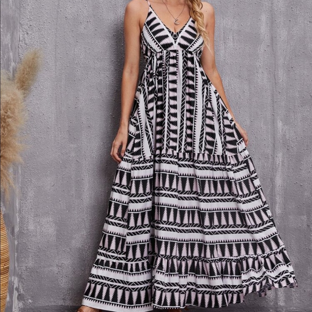 Boho Geo Abstract Print Cami Maxi Dress GREEN - Picture 9 of 11